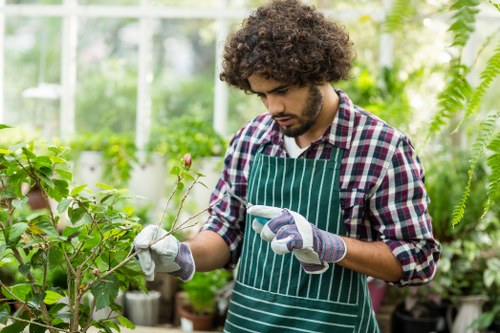 A young man with curly dark hair, wearing a plaid shirt, a green striped apron, and gardening gloves, is carefully examining a flowering plant in a greenhouse setting. The greenhouse is filled with lush green foliage, with a variety of potted plants and shrubs arranged on shelves and surfaces behind him. The environment is well-lit by natural daylight filtering through the glass walls, highlighting the vibrant green leaves and delicate pink blossoms. The scene reflects a professional gardening or planting service, with attention to detail in plant care, situated within a landscaped garden or greenhouse in Hendon, London. The overall mood emphasizes thoughtful plant inspection and healthy growth, supporting gardening and landscaping services for residential or commercial outdoor spaces.