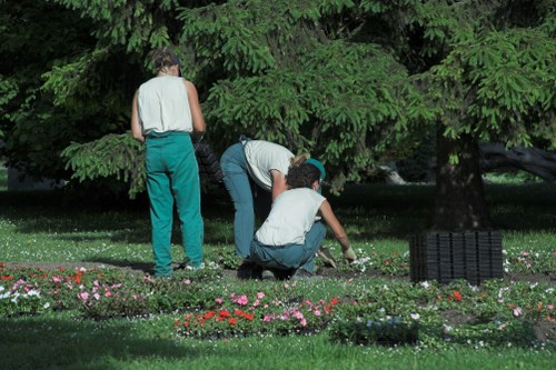 In a well-maintained garden scene, three individuals are engaged in outdoor gardening activities beneath a large, lush green tree. The person on the left, wearing a sleeveless top and teal pants, stands upright while the other two, dressed in casual shirts and jeans, are kneeling and bending down to tend to the flower beds. The flower beds showcase a variety of small, colorful flowers with shades of pink, red, and white, bordered by neatly trimmed grass. The garden features a mix of dense foliage, including large mature trees providing shade, and a well-kept lawn area. In the background, dark green hedges and shrubbery frame the scene, creating a natural boundary for the garden space. A black plastic compost bin is visible on the right side, indicating ongoing garden maintenance. The environment appears to be a quiet, outdoor residential garden, likely in Hendon, with natural sunlight illuminating the scene and a calm, productive atmosphere as part of landscaping or gardening services by Landscapers Hendon.
