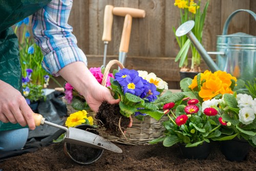 A gardener, wearing a long-sleeved plaid shirt, is planting a vibrant purple flowering plant into dark, well-tilled soil in a garden bed, surrounded by a variety of colorful potted flowers including yellow, red, and white blooms. The garden area is equipped with gardening tools such as a trowel and watering can, with a wooden fence and gardening supplies in the background. Natural daylight illuminates the scene, highlighting the fresh, healthy foliage and bright flower colors, creating an inviting outdoor space suitable for gardening services in Hendon, NW London, as part of landscaping and lawn care activities by Landscapers Hendon.
